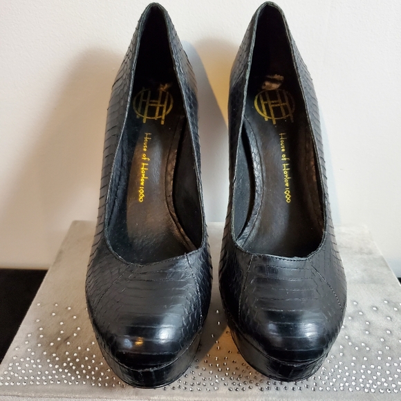 House of Harlow 1960 Black Snake Leather, Pin-Up Sexy Pump Heels - Picture 2 of 15